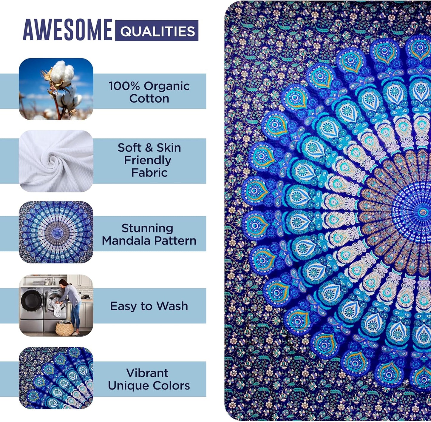 raajsee Blue Turquoise Tapestry- Best Mandala Wall Hanging- Bedding Tapestry For Bedroom Aesthetic-Size QUEEN 210 X 220 CMS