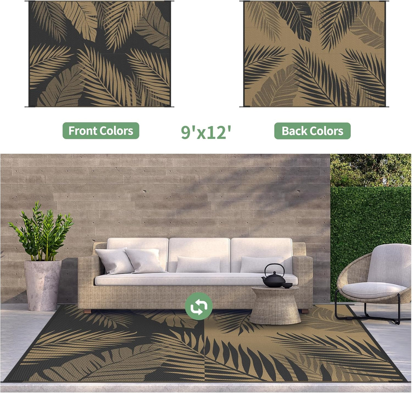 GENIMO Outdoor Rug 9' x 12' Waterproof for Patios Clearance, Reversible Outdoor Plastic Straw Camping Rug Carpet, Large Area Rugs Mats for RV, Camper, Deck, Balcony, Porch, Beach, Picnic, Black&Brown