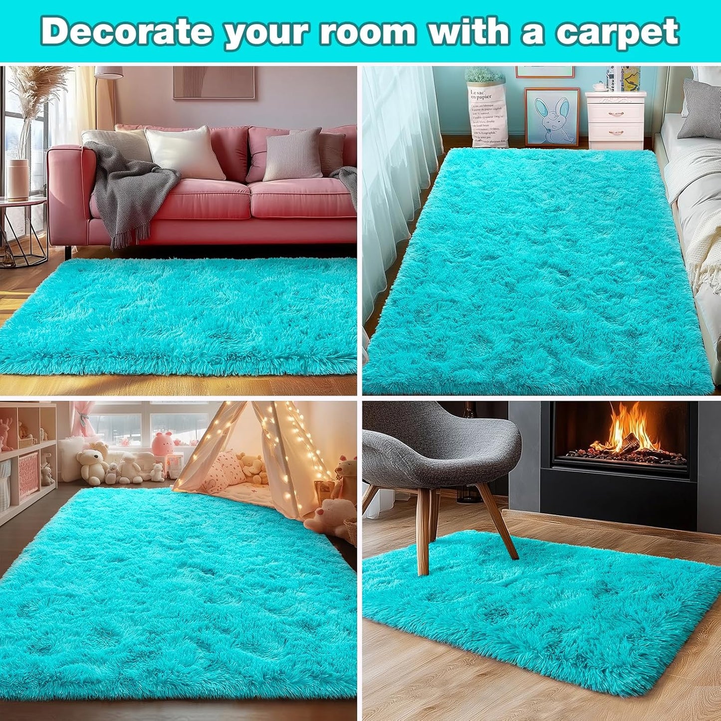 Rezutan Super Soft Fluffy Rug for Living Room Bedroom Large Comfy Modern Shaggy Fuzzy Plush Indoor Nursery Classroom Home Decor Bedside Rug with Non-Slip Bottom,Teal Blue,6 X 9 Feet