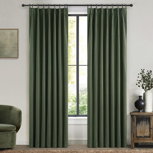 Loden Spring Living Room Curtains Linen 90 Inches Long Pinch Pleated Traverse Window Curtains Complete Blackout Heat & Cold Blocking for Sliding Glass Dark Olive Green Drapes (40"wx90"Lx2 Panels)