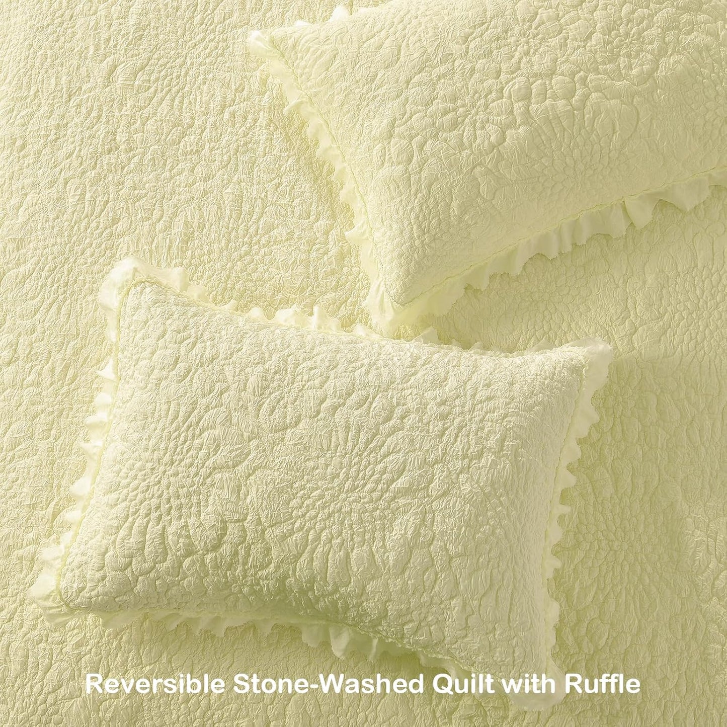 Light Yellow Ruffled Quilt Twin Size, Stone-Washed Microfiber Lightweight Crinkled Farmhouse Rustic Shabby Chic Bedding Set, 2 Pieces Reversible Bedspread with Pillow Sham for All Season