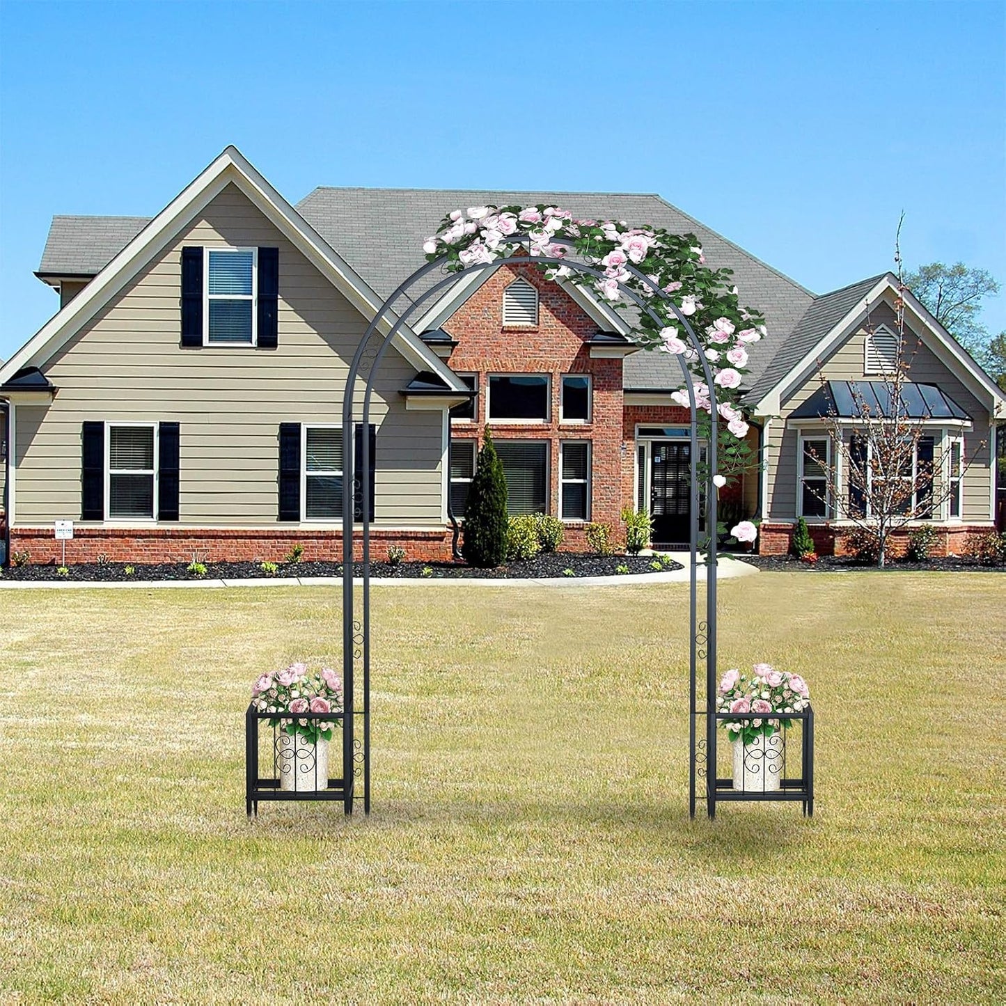 88in Steel Garden Arch Arbor Trellis with Planter Boxes for Climbing Plants Outdoor, Yard, Wide Sturdy Durable Garden Arch for Lawn,Outdoor Wedding Arch(Black)