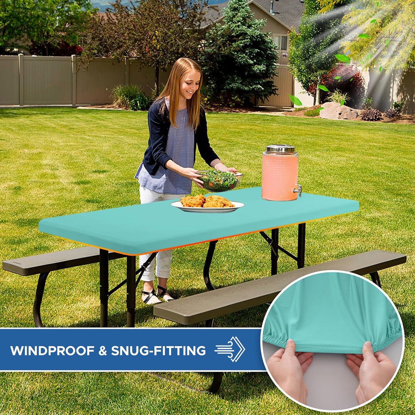 Spandex Table Cover for 6 Foot Rectangle Tables-6 Pack Aqua Blue Outdoor Picnic Elastic Table Cover-Spandex Stretch Folding Table Cloths for Camping Dining Room Patio Kitchen Banquet Party