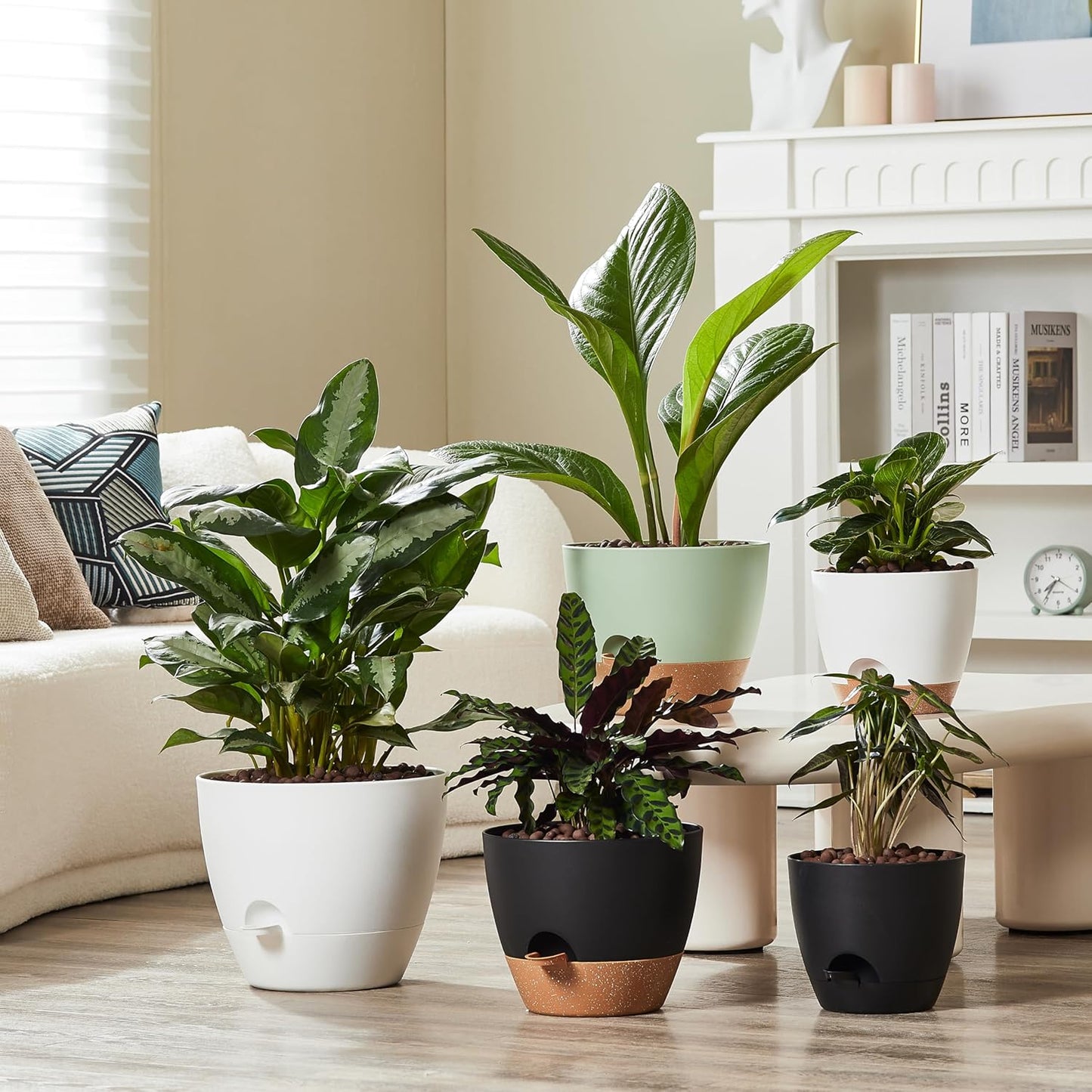 FaithLand 3-Pack Planter Pots, 10 9 8 Inch Self Watering Flower Pots for Indoor Outdoor Garden Plants, Green with Brown