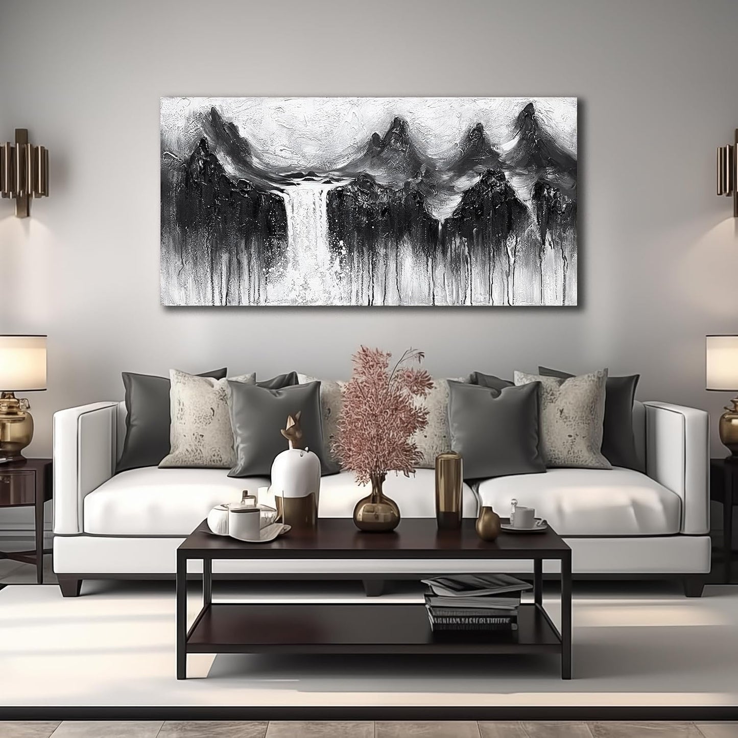 Natural Landscape Hand Painted Wall Art for Office Mountain Painting Wall Decor for Living Room Waterfall Canvas Wall Art for Bedroom Size 24 x 47 Inch