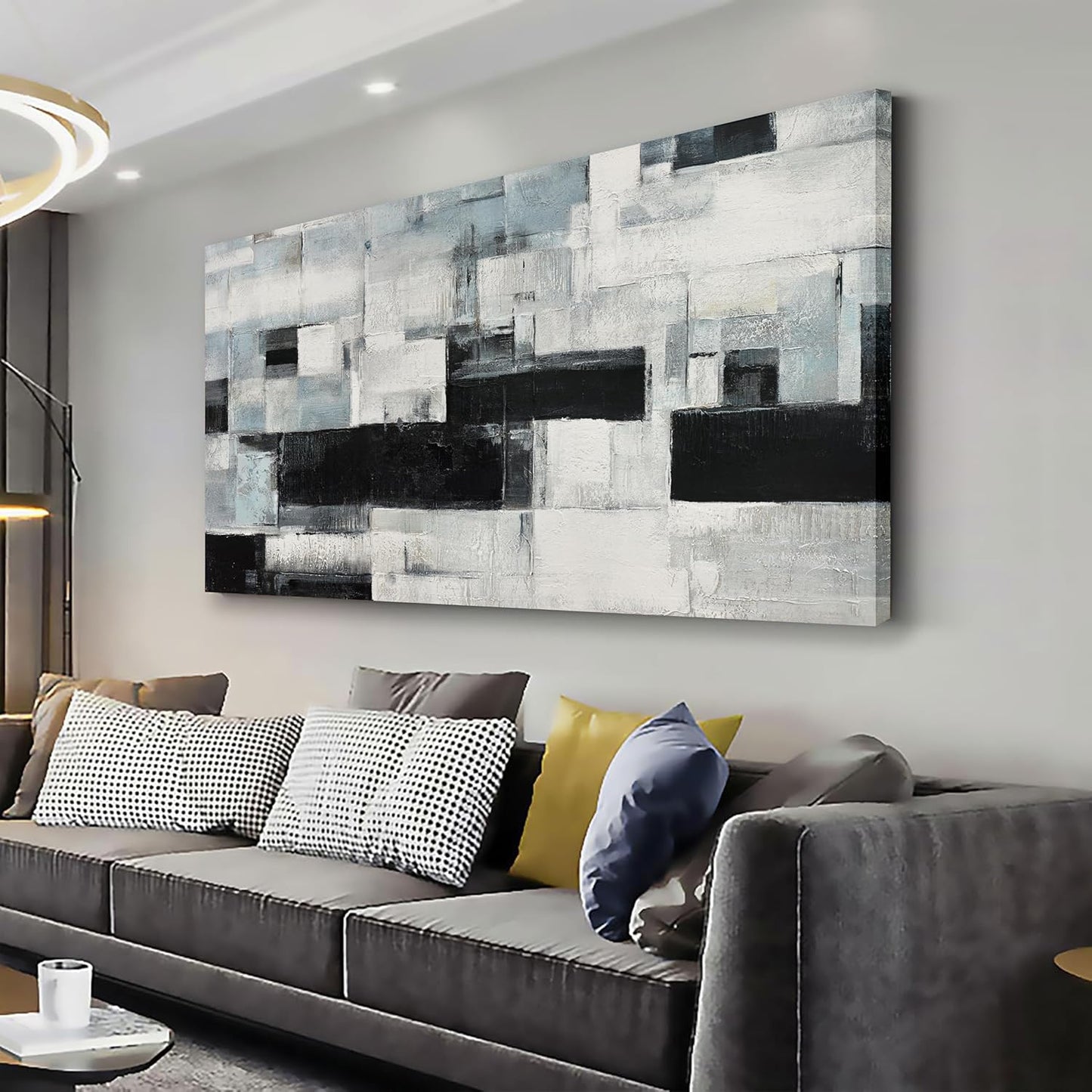 Glvzygy Abstract Wall Art Room Decor Black White and Gray Plaid Minimalism Picture Abstract Art Wall Decor Modern Abstract Wall Art Canvas for Living Room Bedroom Office 29"x58"