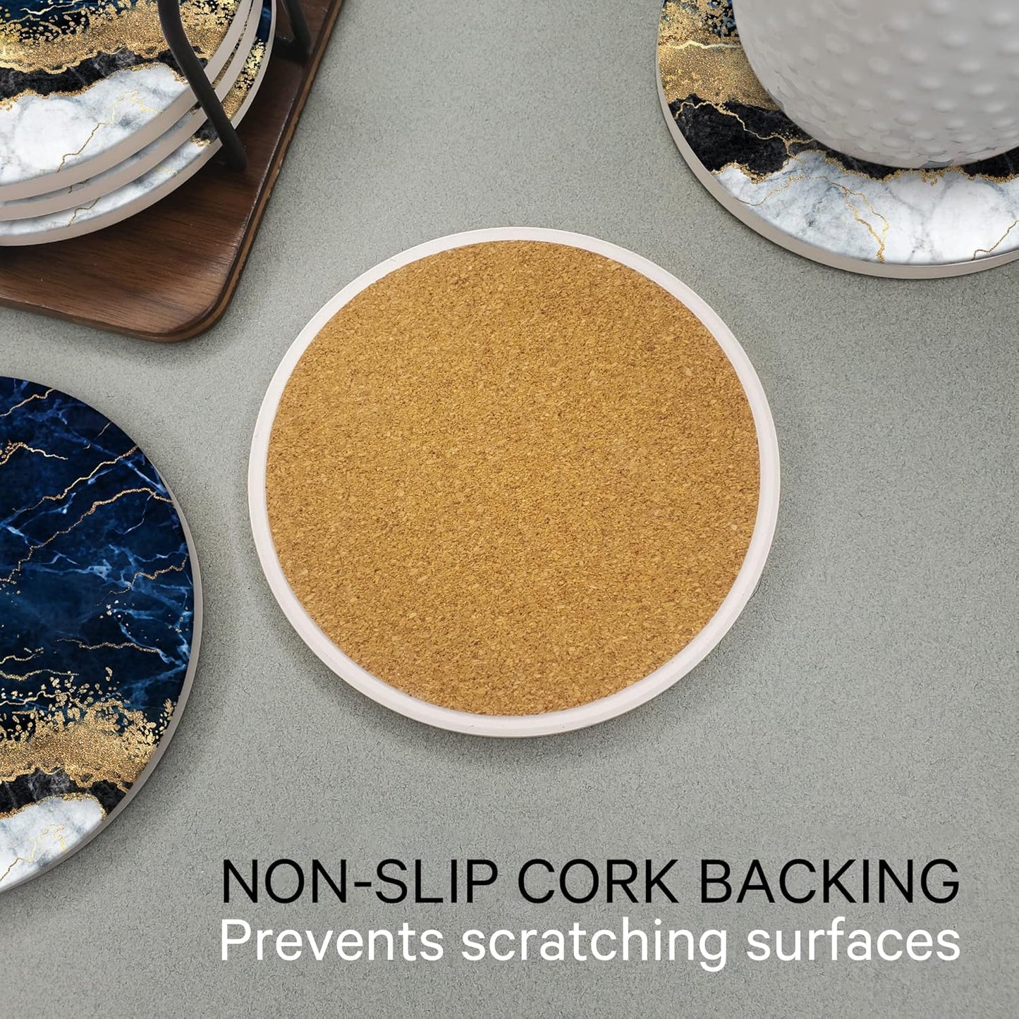 Emerson Coasters for Drinks Absorbent Set of 6 with Holder – Marble Style Coasters – Coasters for Drinks – Drink Coasters for Coffee Table – 100% Ceramic Stone Non Slip – Heavy Duty (Ripple)