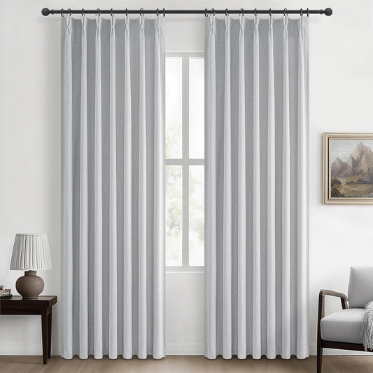 Light Grey Black Out Curtains 90 Inch Long for Living Room, Pinch Pleated Flax Linen Modern Insulated Drapes with Hooks Bedroom Curtain 2 Panels Set Soundproof Privacy Windows (40"Wx90"Lx2 Light Gray)