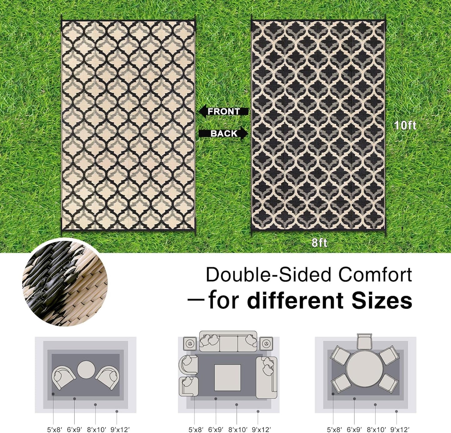 OLANLY Reversible Outdoor Rug 8x10 ft Clearance, Waterproof Outdoor Plastic Straw Rug with Interlacing Pattern, RV Mat for Patio, Camping, Balcony, Deck, Backyard, Black & Beige