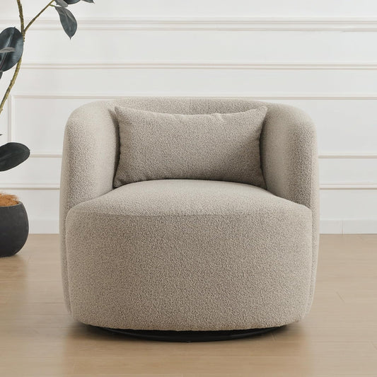 KINWELL 34" Wide Sherpa Swivel Barrel Chair, No Assembly Round Boucle Upholstered Accent Chair Armchair Single Sofa Chair with Toss Pillow for Living Room and Bedroom, Taupe