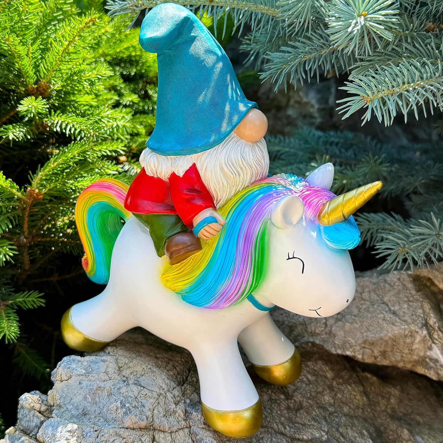 Mood Lab Garden Gnome Statue - Garden Gnome Riding Unicorn - 8.3 Inch Tall Lawn Figurine - for Outdoor or House Decor - Funny Yard & Patio Decoration