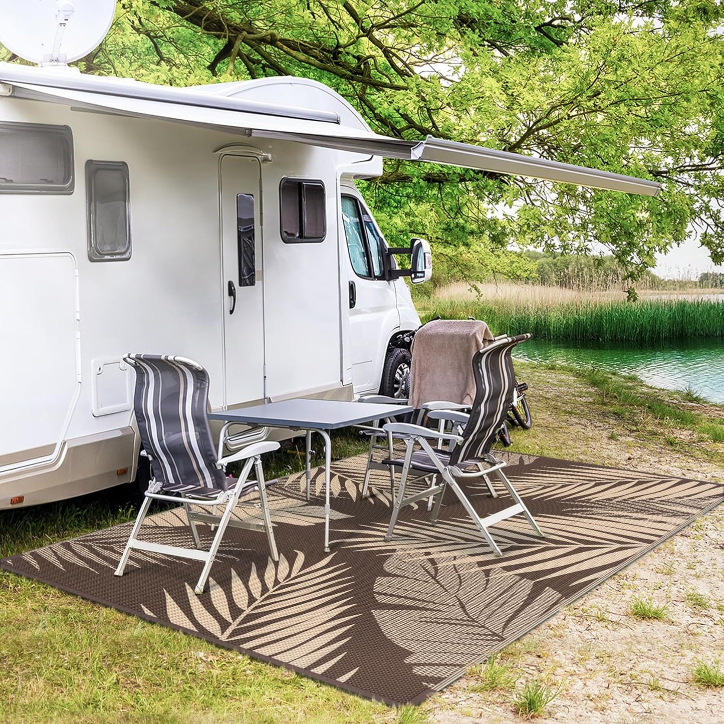 GENIMO Outdoor Rug 5' x 8' Waterproof for Patios Clearance, Reversible Outdoor Plastic Straw Camping Rug Carpet, Large Area Rugs Mats for RV, Camper, Deck, Balcony, Porch, Beach, Picnic, Coffee&Beige