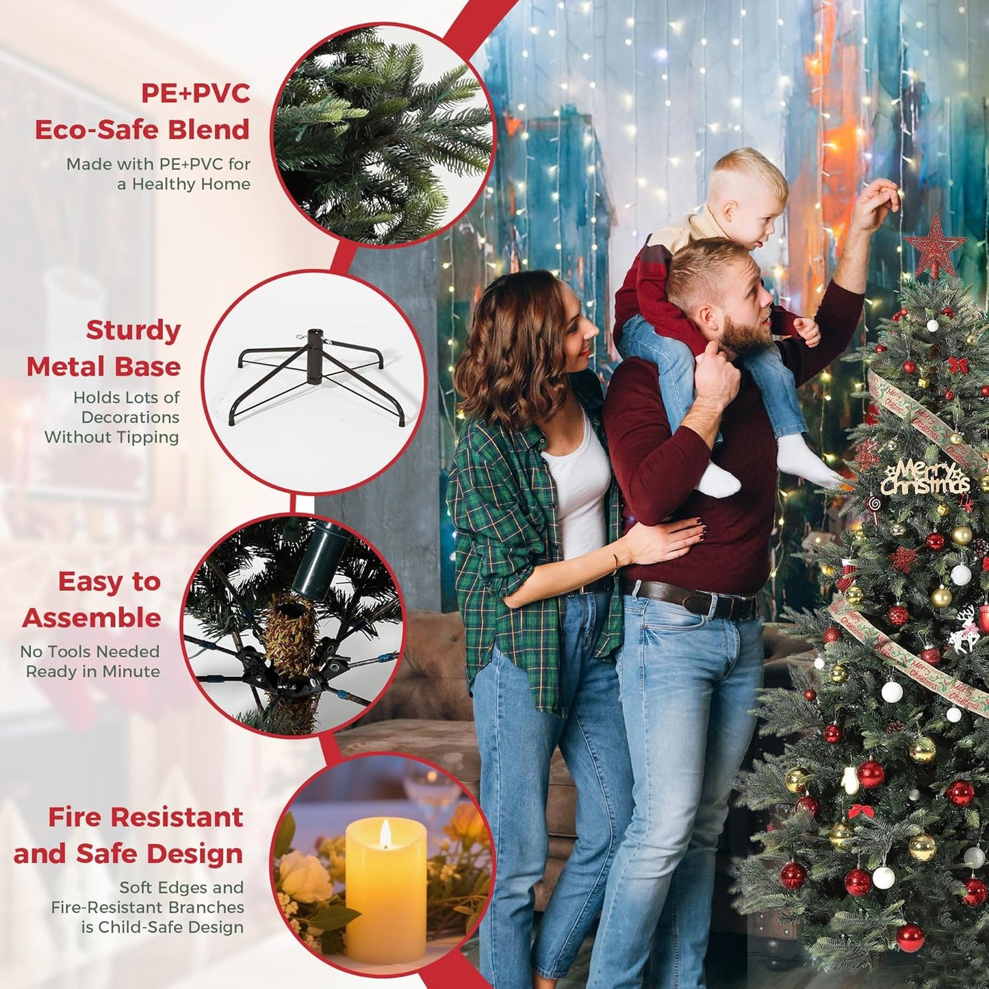 4.5ft Pre-lit Artificial Christmas Tree,Spruce Prelit Christmas Trees for Home,Office,Party Thickened PE&PVC Branch Tips & UL Listed Lights Incandescent Warm White,Fire-Resistant Automatic Branches