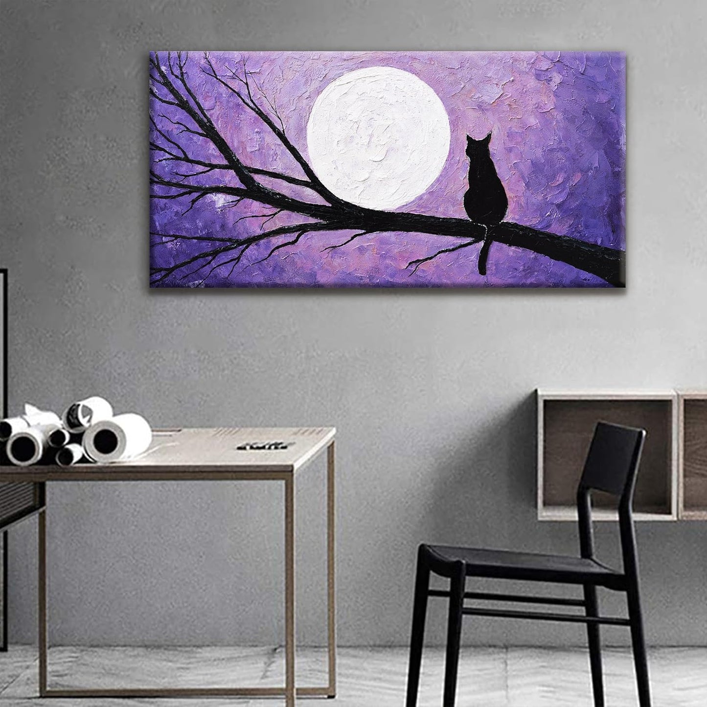 QSQ Cat Wall Art Prints Painting Canvas Art Wall Decor Funny Monet Cat Under The Moonlight Abstract Wall Art Posters Picture For Bedroom Bathroom Office Home Decor Aesthetic 20" × 40"