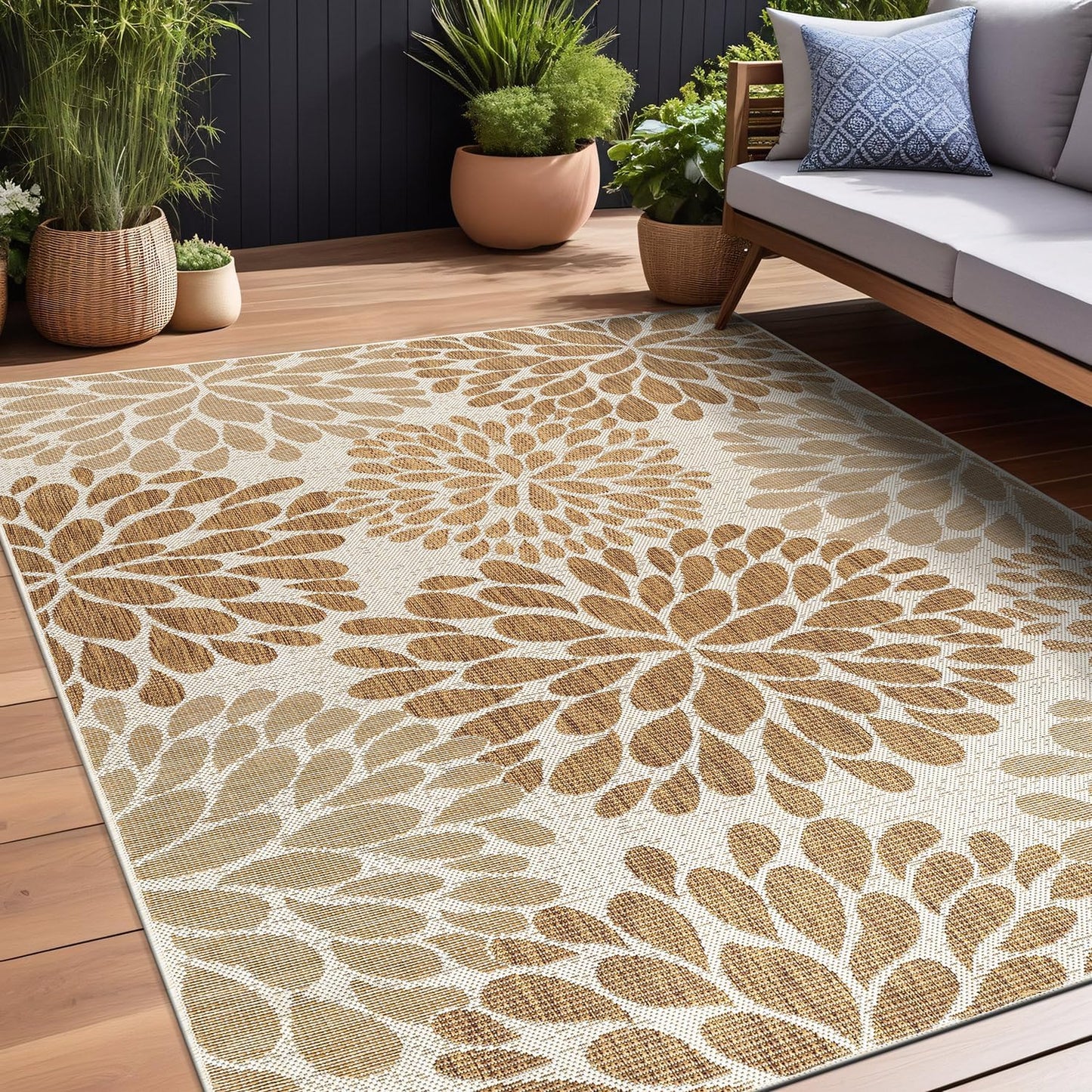 Beverly Rug Outdoor Rug 9x12 Modern Exotic Tropical Leaf Area Rugs for Indoor and Outdoor Patio Deck Porch Garden Water Resistant Washable Outside Carpet (9 x 12 Beige)