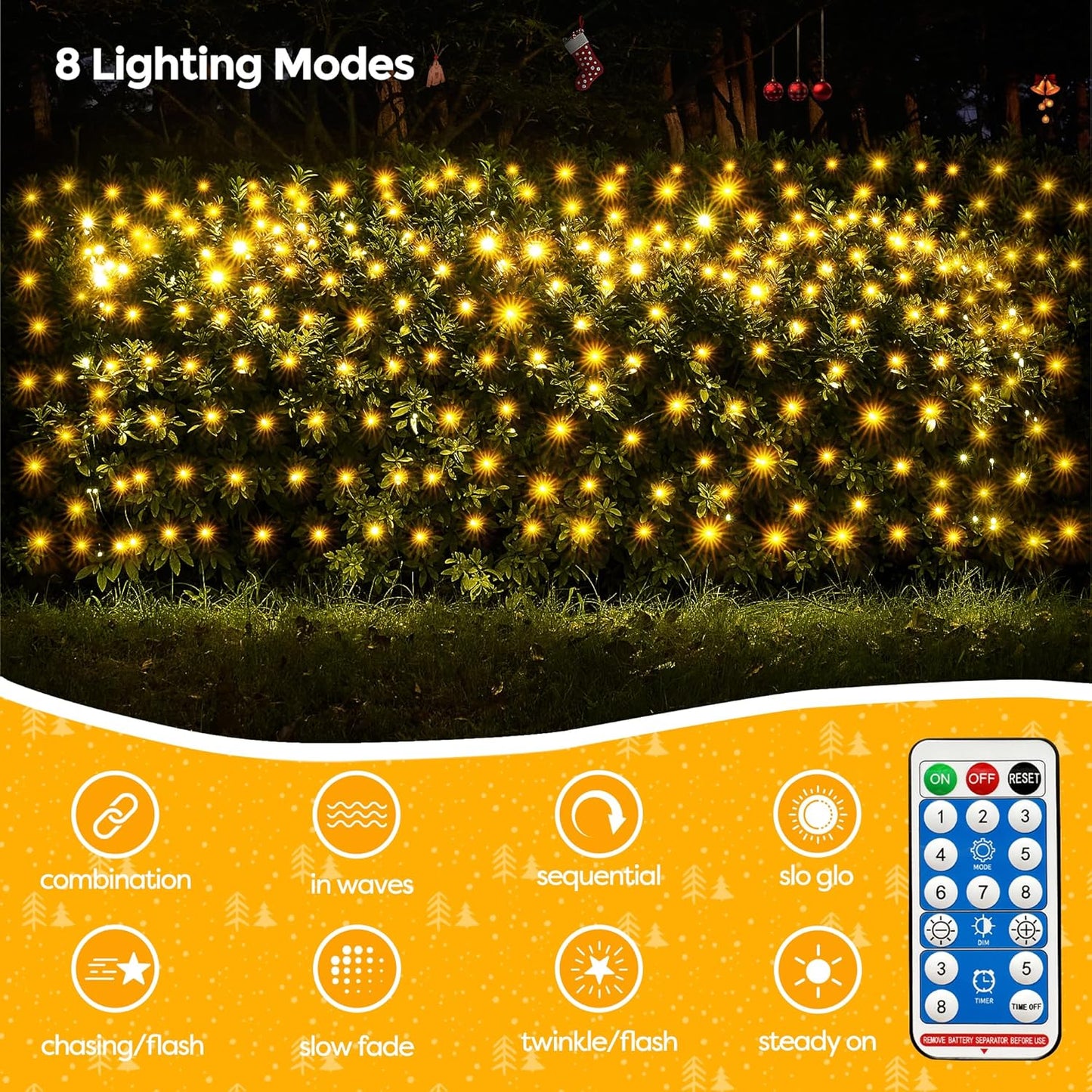 WBao Solar Christmas Net Lights 200LED F8 Big Bulbs, 8.4ft x 5.2ft Christmas Bushes Lights with Remote Control, 8 Modes, Timer, Waterproof for Lawn, Bushes, Outdoor Christmas Decorations, Warm White