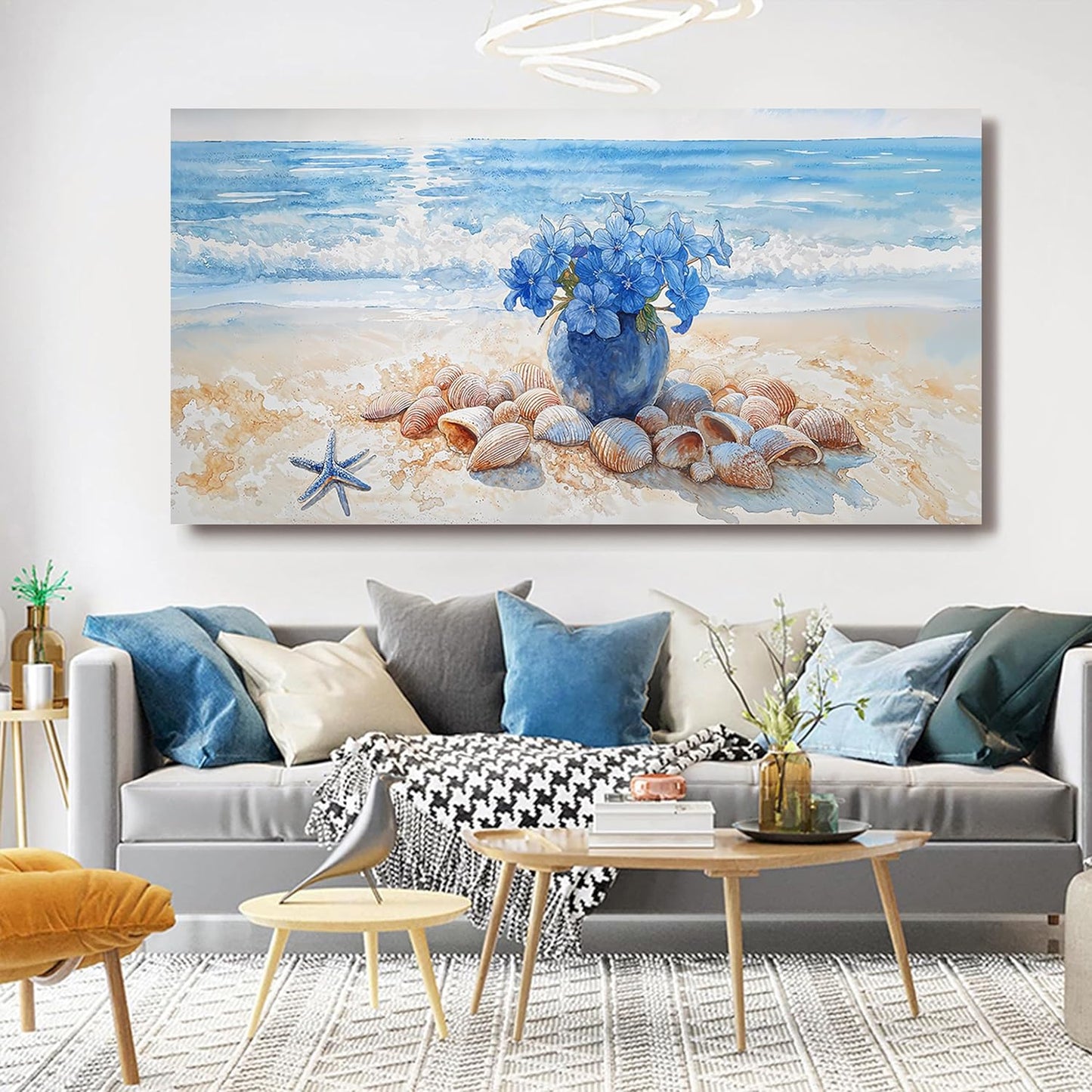 Canvas Wall Art Decor Modern Landscape Wall Art For Living Room Blue Coastal Wall Art Large Artwork for Walls Floral Wall Decor Paintings Art Work For Home Kitchen Office Wall Decor 29" X 58"