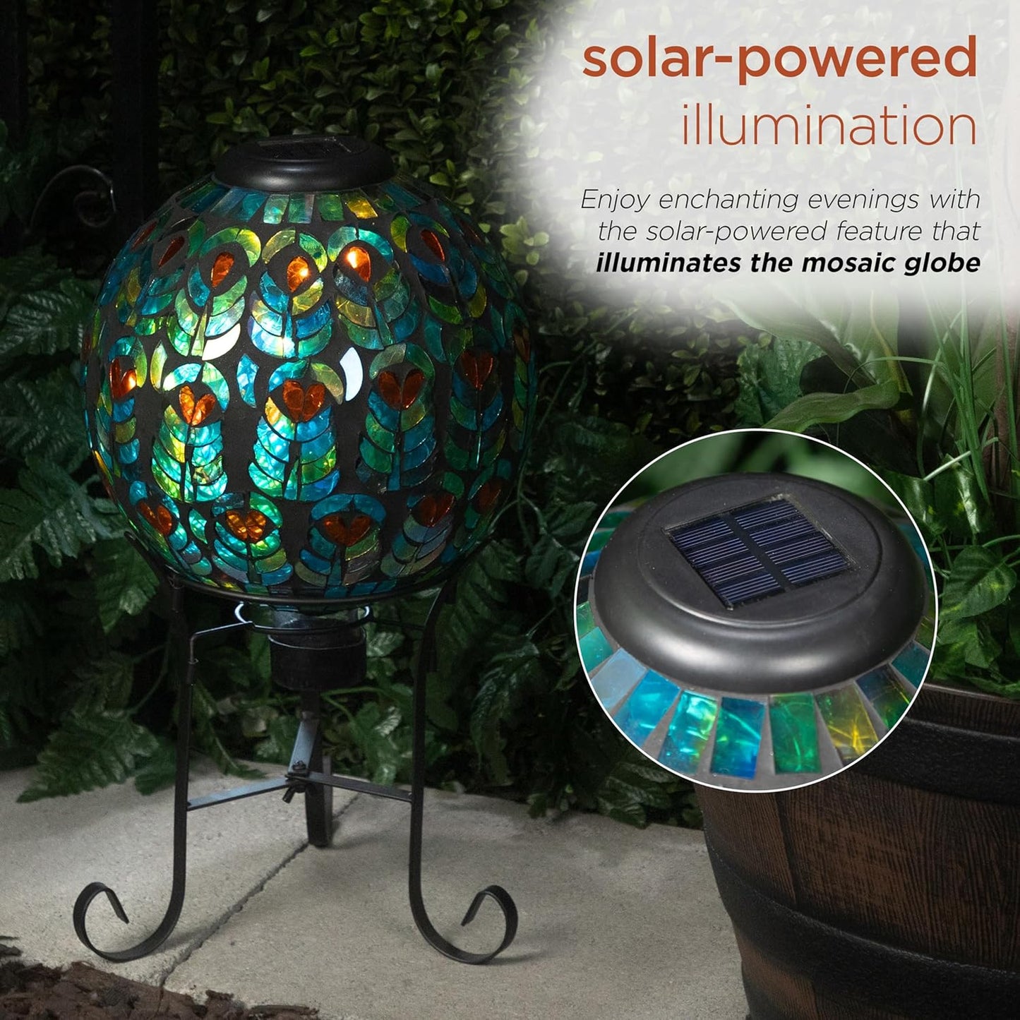 Alpine Corporation GRS926A-SLR Solar Gazing Globe w/Mosaic Peacock Feather Design & Metal Stand, Elegant Yard Art, 12" H, Multi