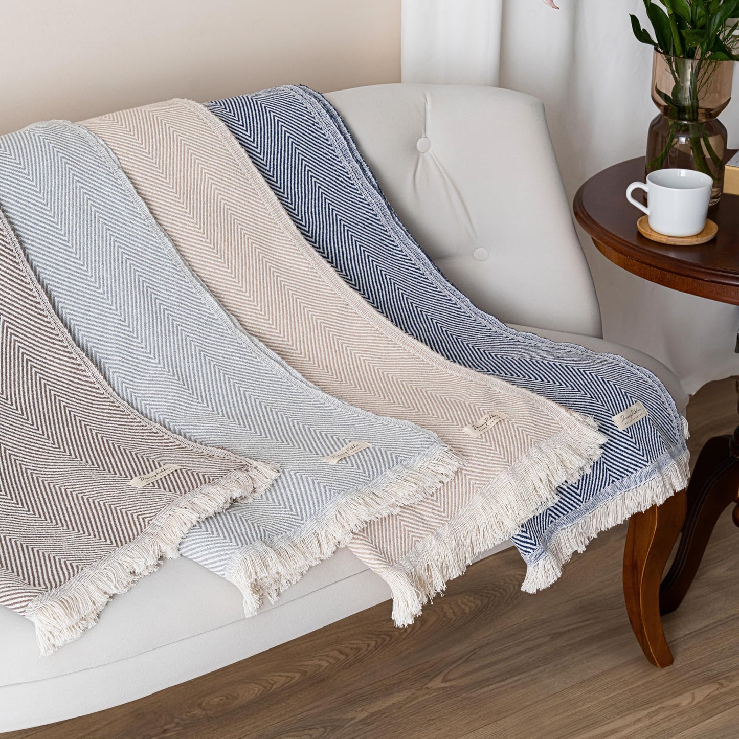 Lightweight Cotton Throw Blanket – Herringbone Chevron Pattern, Boho Farmhouse Decor (Ash Grey, Deep Blue & Brown Options, Twin Size, 57"x79")
