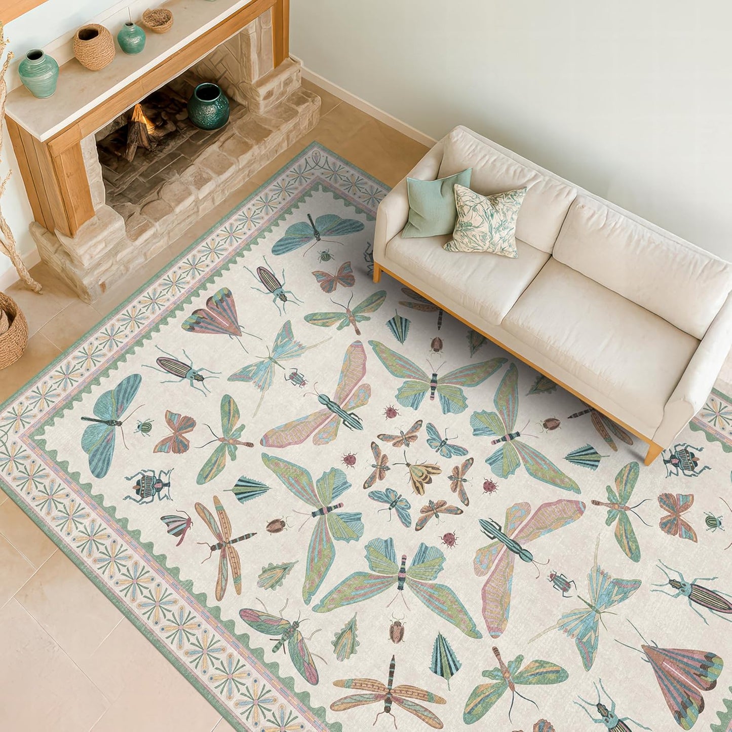 5x7 Pink and Green Nursery Rug - Colorful Rug for Bedroom, Living Room, Insect Butterfly Floral Non-Slip Soft Carpet