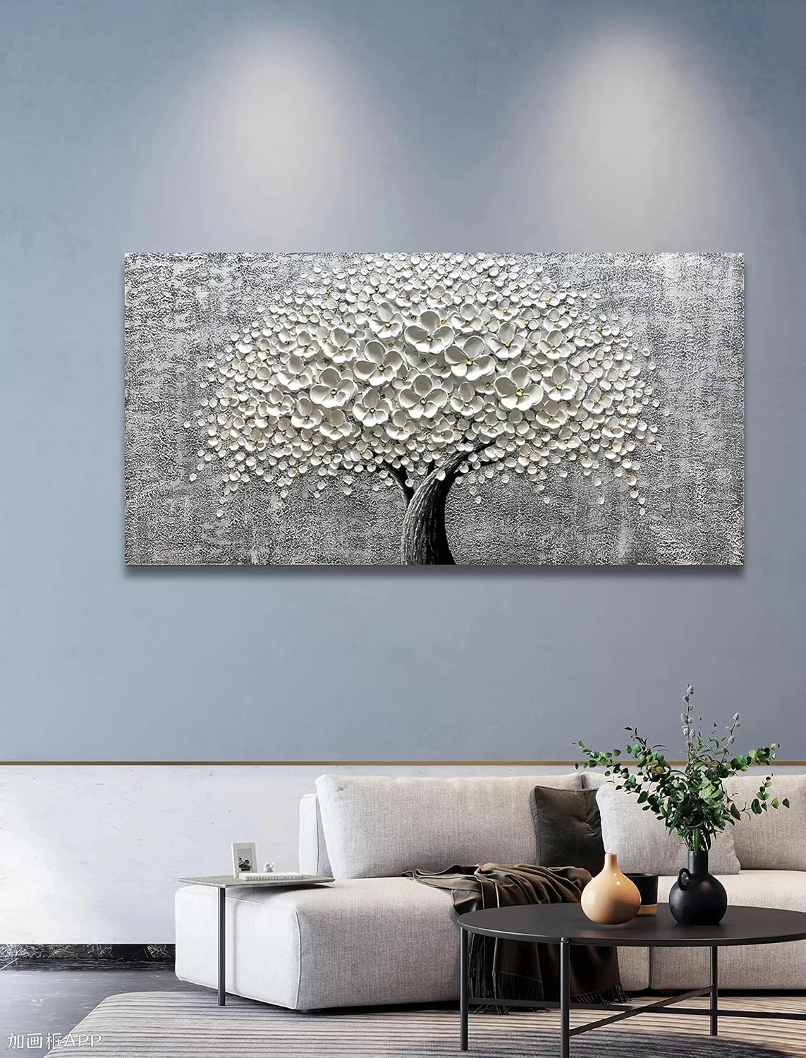 Yika Art - 24x48 Inch 3D White Flower Painting Abstract Textured Knife Platte Acrylic on Canvas 3D Flowers Tree Painting Ready to Hang