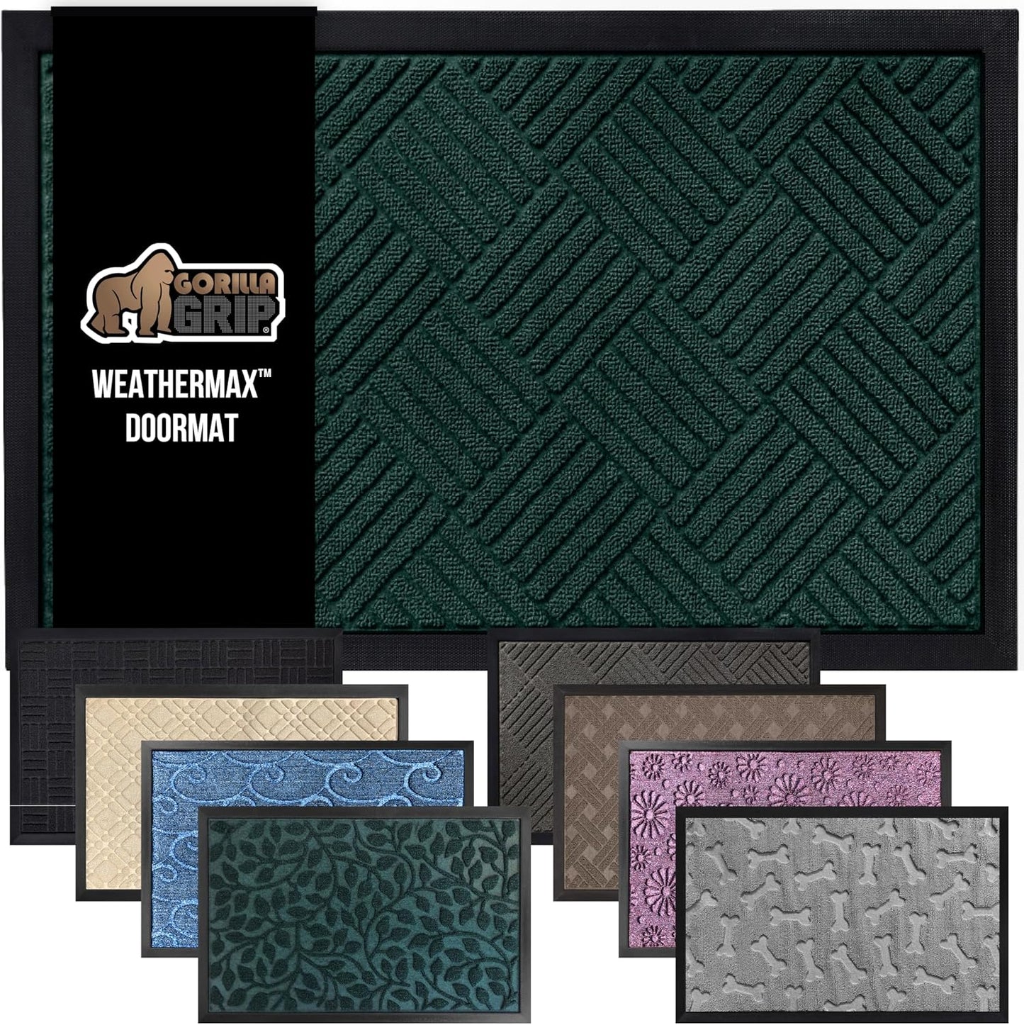 GORILLA GRIP 100% Waterproof All-Season WeatherMax Doormat US Designed Natural Rubber, Stain and Fade Resistant, Low Profile Indoor Outdoor Door Mats, Easy Clean Patio Mat, 17x29, Green Diamond