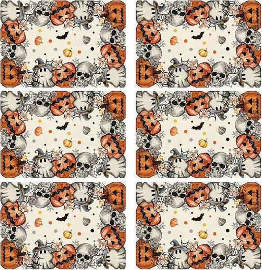 XCHI Spooky Skeleton Ghost Pumpkin Halloween Placemats Set of 6 Table Mats for Party Home Kitchen Dining Table Decorations 12x18 Inch