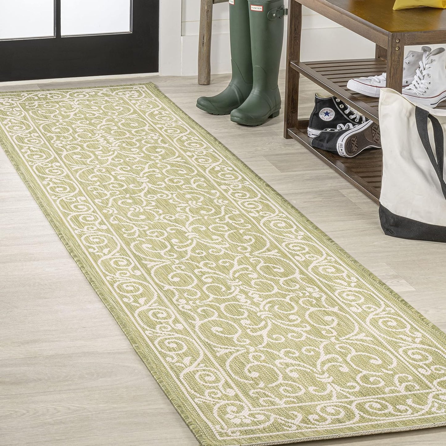 JONATHAN Y Vintage Filigree Indoor Outdoor Runner Rug 2X8 Green/Cream, Charleston Textured Weave for Backyard, Patio, Porch, Easy-Cleaning, High Traffic, Pet-Friendly, Non-Shedding (SMB106H-28)