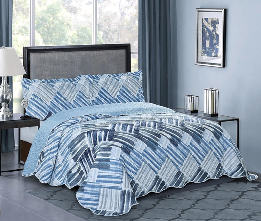 Brilliant Sunshine Blue and Grey Stripe Blocks Patchwork, 3-Piece Quilt Set with 2 Shams, Reversible Bedspread, Soft Lightweight Coverlet, All-Season, King, Blue Grey
