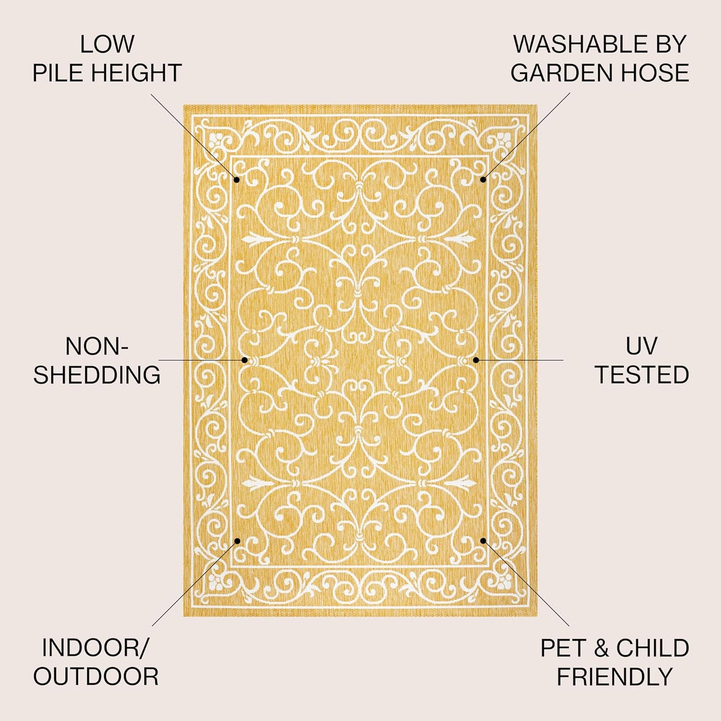 JONATHAN Y Vintage Filigree Indoor Outdoor Area Rug 9X12 Yellow/Cream, Charleston Textured Weave for Backyard, Patio, Porch, Easy-Cleaning, High Traffic, Pet-Friendly, Non-Shedding (SMB106L-9)