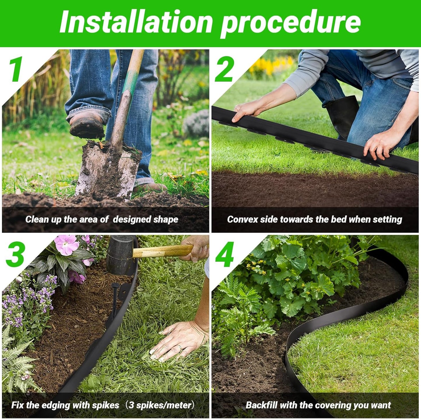 Greaner Edging for Landscaping 2 Inch Tall, 66FT Garden Edger Border, Landscaping Edging Border with 60 Plastic Spikes and 70 Solid Iron Spikes, Flexible Garden Border Edging for Garden Flower Beds