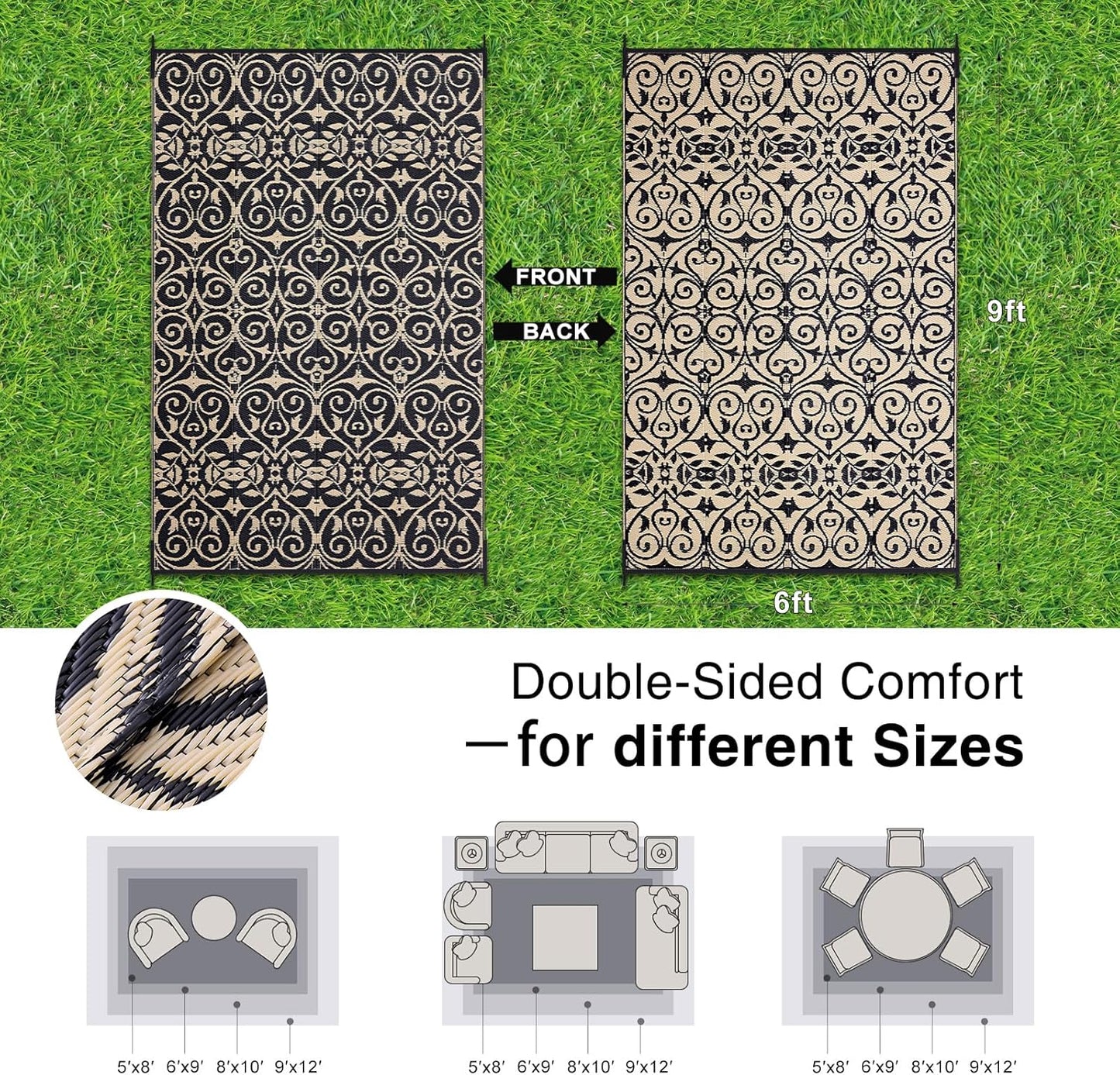 OLANLY Outdoor Rug Waterproof 6x9 ft Clearance, Reversible Outdoor Plastic Straw Rug with Floral Pattern, RV Mat for Patio, Camping, Balcony, Deck, Backyard, Black & Beige
