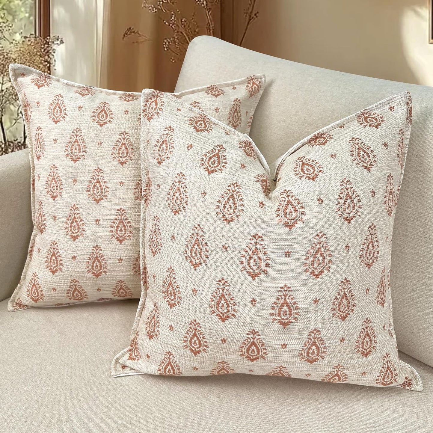 Decorative Vintage Burlap Linen Throw Pillow Covers Pack of 2 Modern Farmhouse Pillowcase Beige Paisley Couch Pillows 18x18 Inch For Sofa Bed Living Room Home Decor