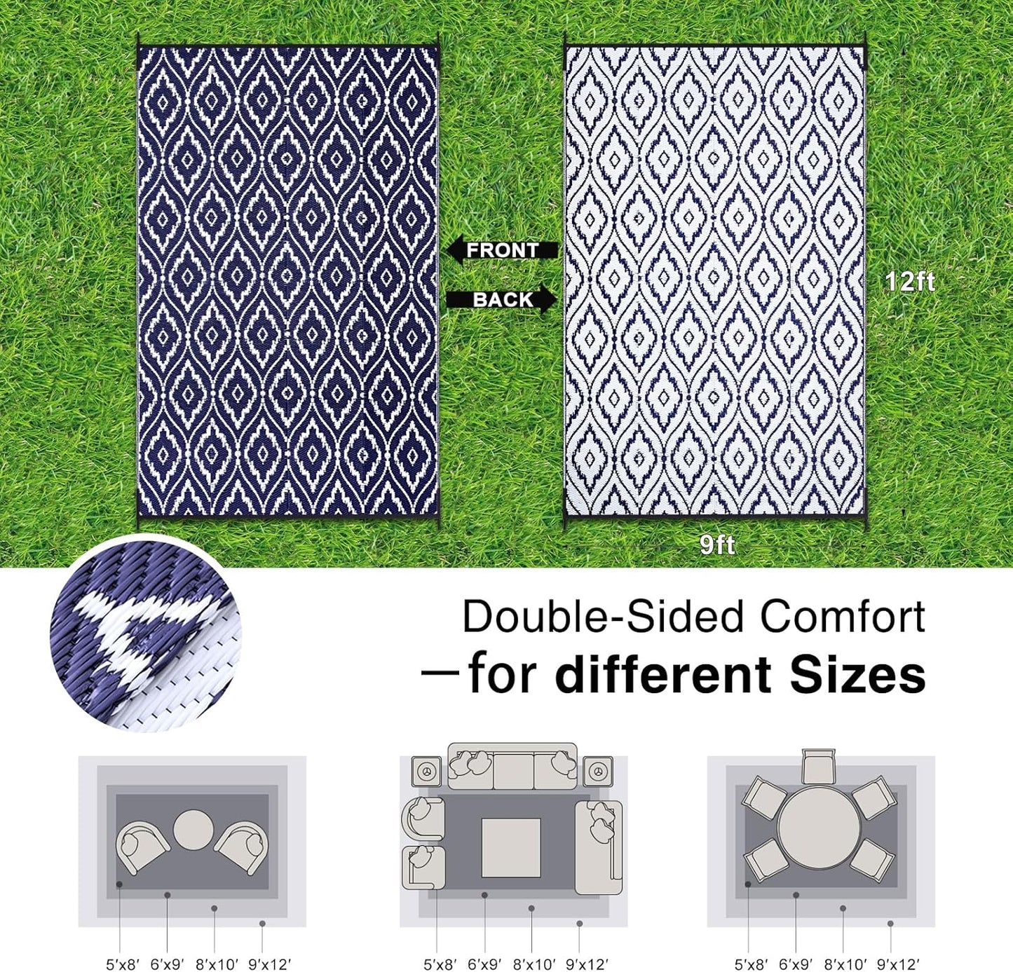 OLANLY Outdoor Rug 9x12 ft Waterproof, Outdoor Plastic Straw Rug with Geometric Pattern Clearance, Reversible RV Mat for Patio, Camping, Balcony, Deck, Backyard, Navy & White