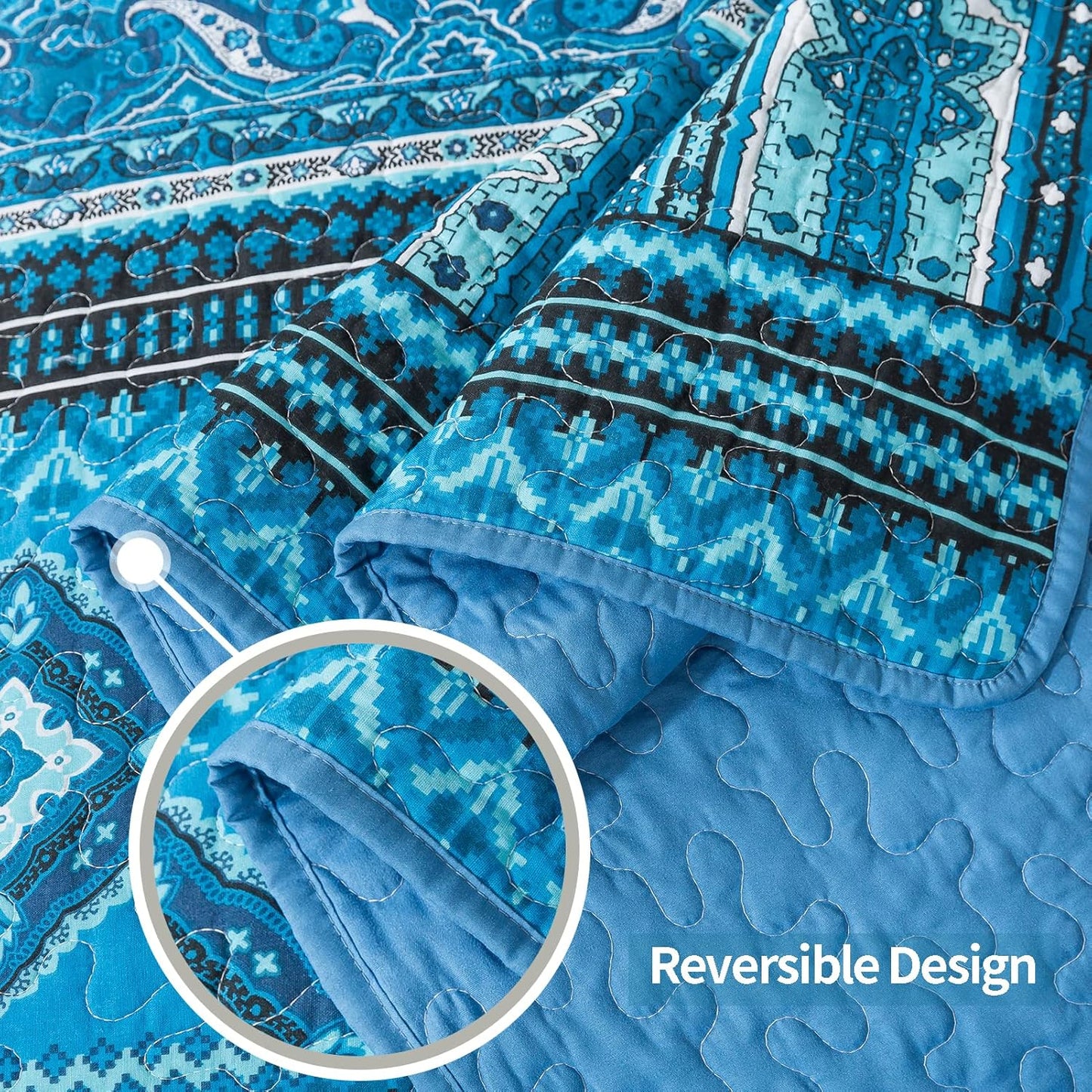 VAPUTAR Cotton Quilt Bedding Set - 3 Pieces, Boho King Size Quilts, Lightweight Reversible Coverlets Bedspreads for Farmhouse Bedroom (Blue)