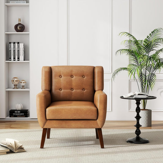 UIXE Faux Leather Accent Chair, Modern Arm Club Chair Upholstered Armchair for Living Room, Comfy Single Sofa Seats Button Tufted Reading Seating, Brown