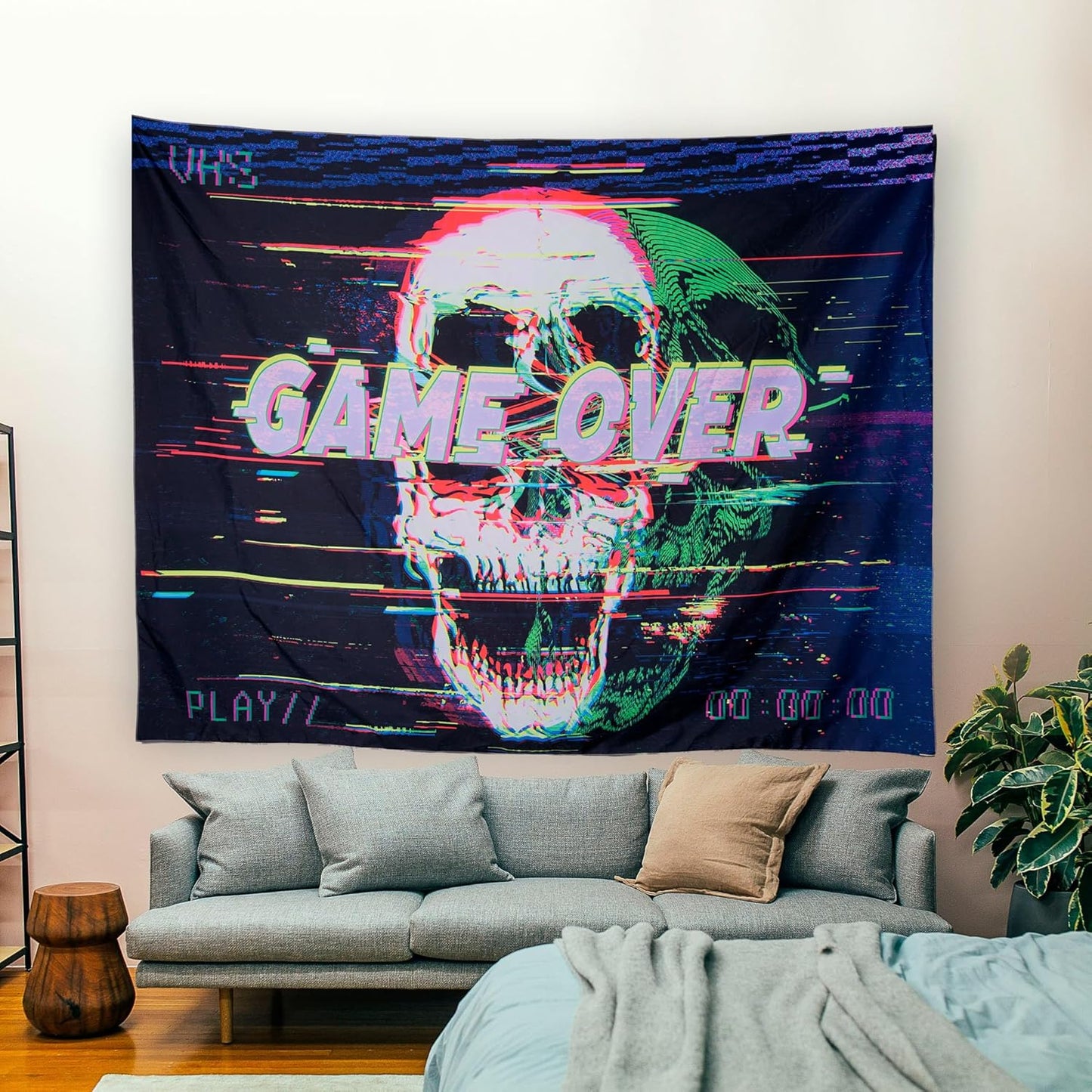OSVINO Blacklight Skeleton Tapestry 59"x51" GAME OVER UV Reactive Wall Hanging Neon Skull Hippie Posters for Halloween Eastern Backdrop Bedroom Dorm Living Room Decor
