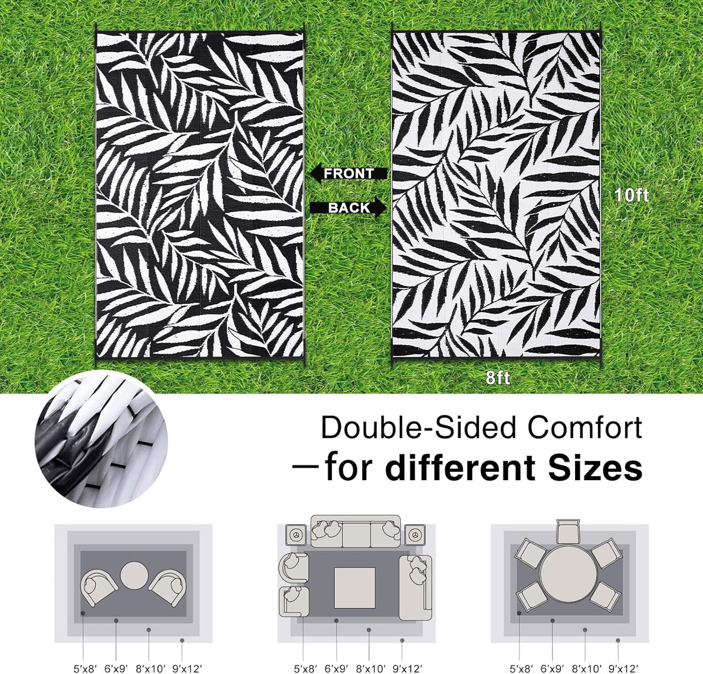 OLANLY Waterproof Outdoor Rug 8x10 ft, Reversible Outdoor Plastic Straw Rug with Leaf Pattern, RV Mat, Indoor Outdoor Carpet for Patio, Camping, Balcony, Deck, Backyard, Black & White