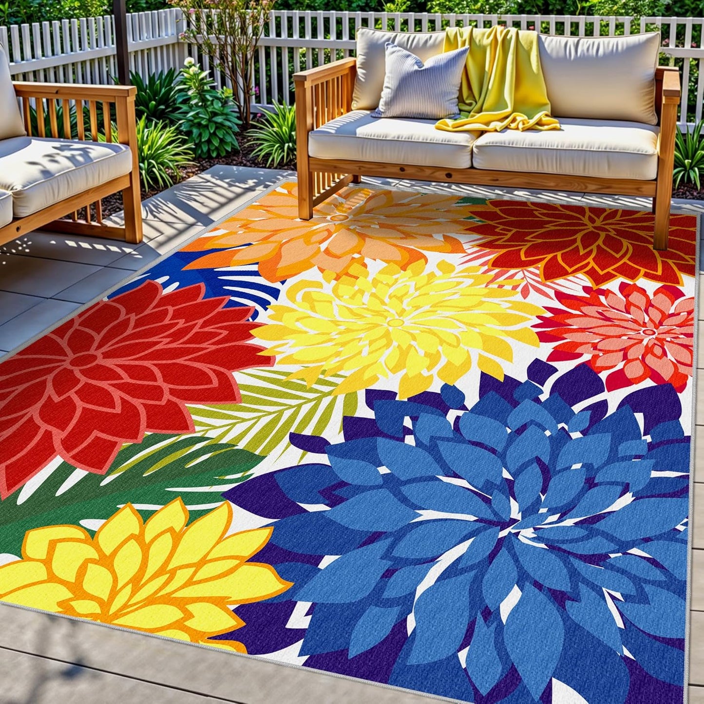 Indoor Outdoor Area-Rug Washable Multicolored Patio Rug Tropical Botanical Modern Floral Indoor Outdoor Carpet Non-Slip for Patio, Deck, Backyard, Porch (5x8)