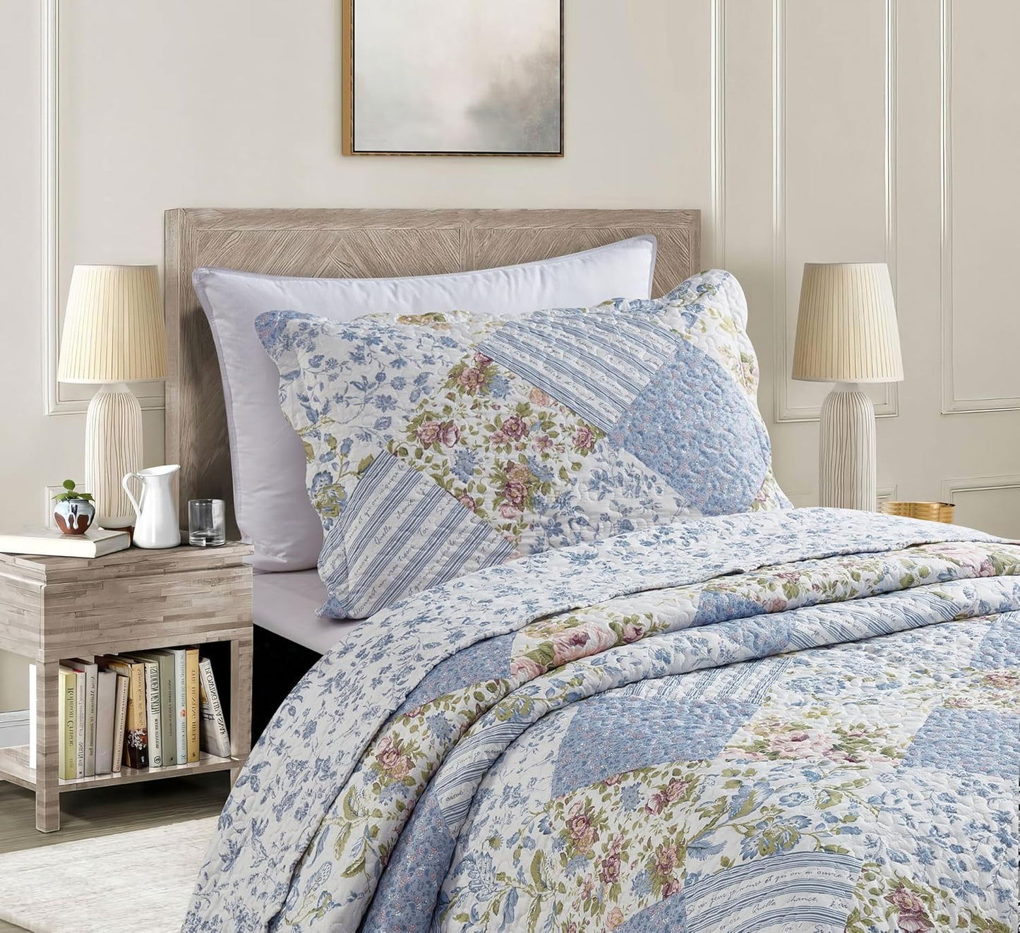 Brilliant Sunshine Blue Rose Patchwork, 2-Piece Quilt Set with 1 Sham, Reversible Bedspread, Soft Lightweight Coverlet, All-Season, Twin, Blue Rose