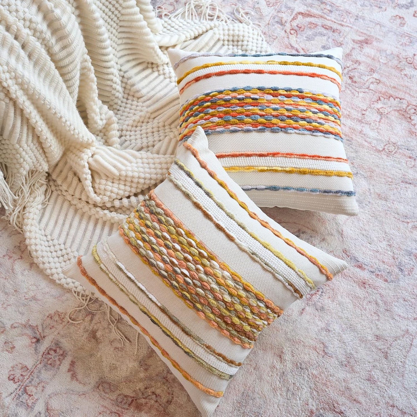 Aeckself Boho Pillow Covers 18x18 Inch Set of 2, Farmhouse Decorative Striped Square Chenille Tufted Accent Neutral Throw Pillow Covers for Living Room Couch Bed, Light Yellow