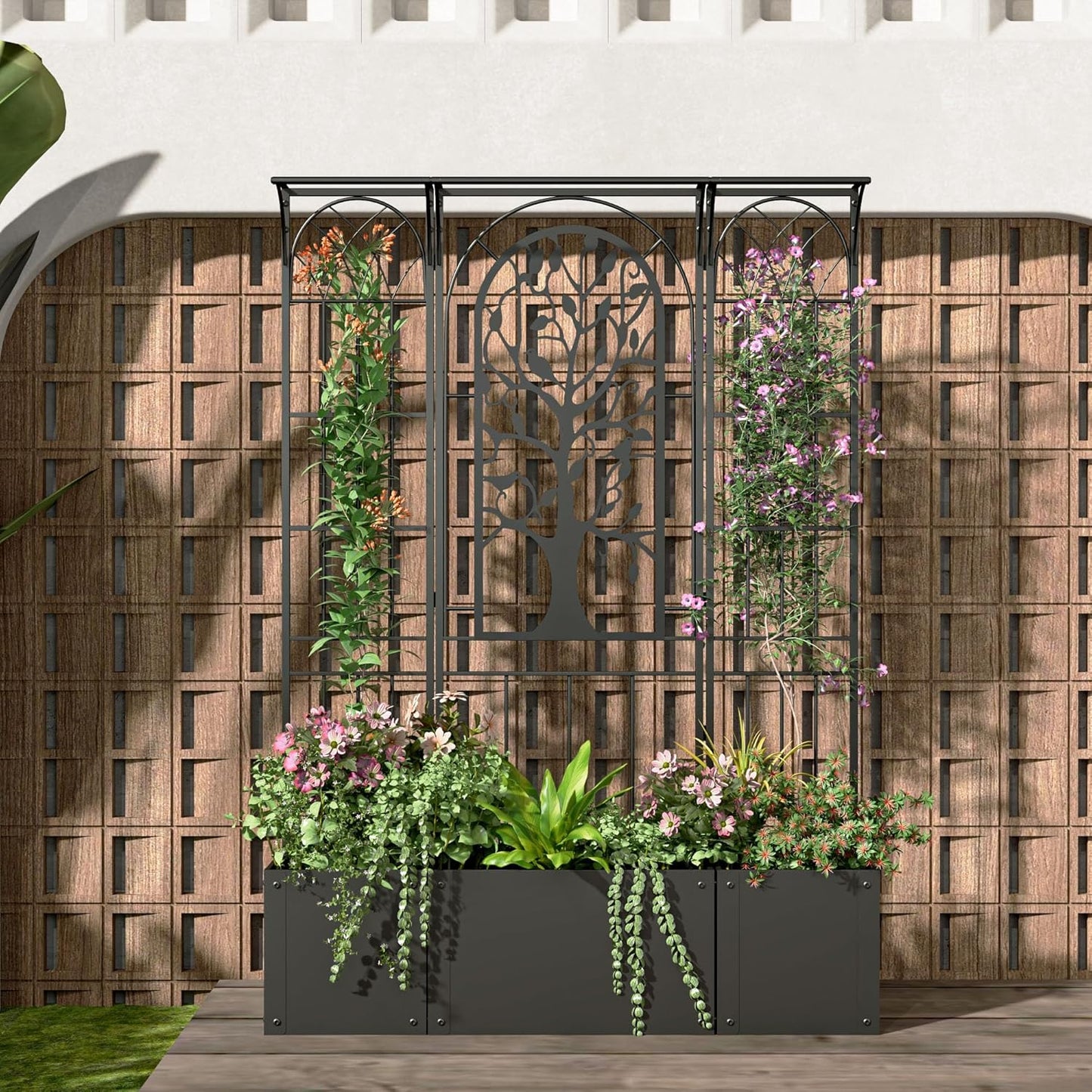 Metal Planter Box with Trellis, Outdoor Raised Garden Bed with Privacy Screen, Trellis Planter Boxes for Climbing Plants, Vines, Vegetables, Flowers, 62 Inch Tall, Patio Decor (Black)