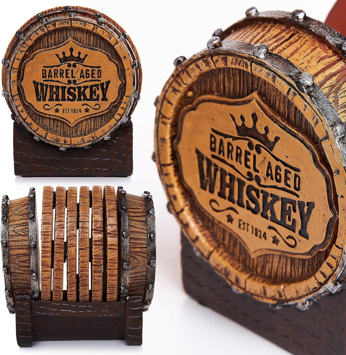 Cabin Obsession Whiskey Barrel Coaster Set – Handcrafted Whiskey Barrel Decor for Whiskey Lovers and Man Cave Gifts for Men - 6 Full Size Whiskey Coasters with Barrel Style Holder for Man Cave Décor