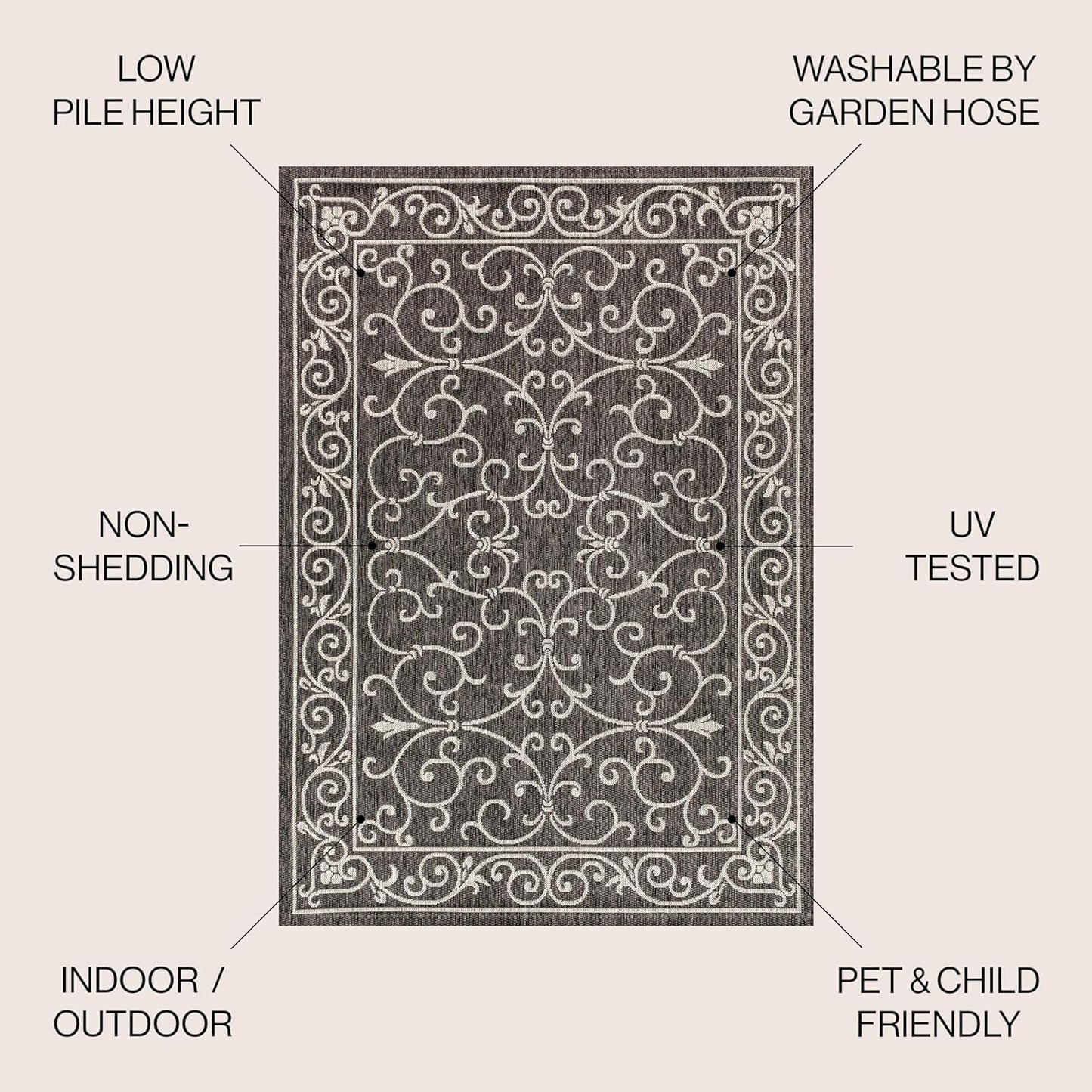 JONATHAN Y Vintage Filigree Indoor Outdoor Round Area Rug 5 Ft Black/Gray, Charleston Textured Weave for Backyard, Patio, Porch, Easy-Cleaning, High Traffic, Pet-Friendly, Non-Shedding (SMB106G-5R)