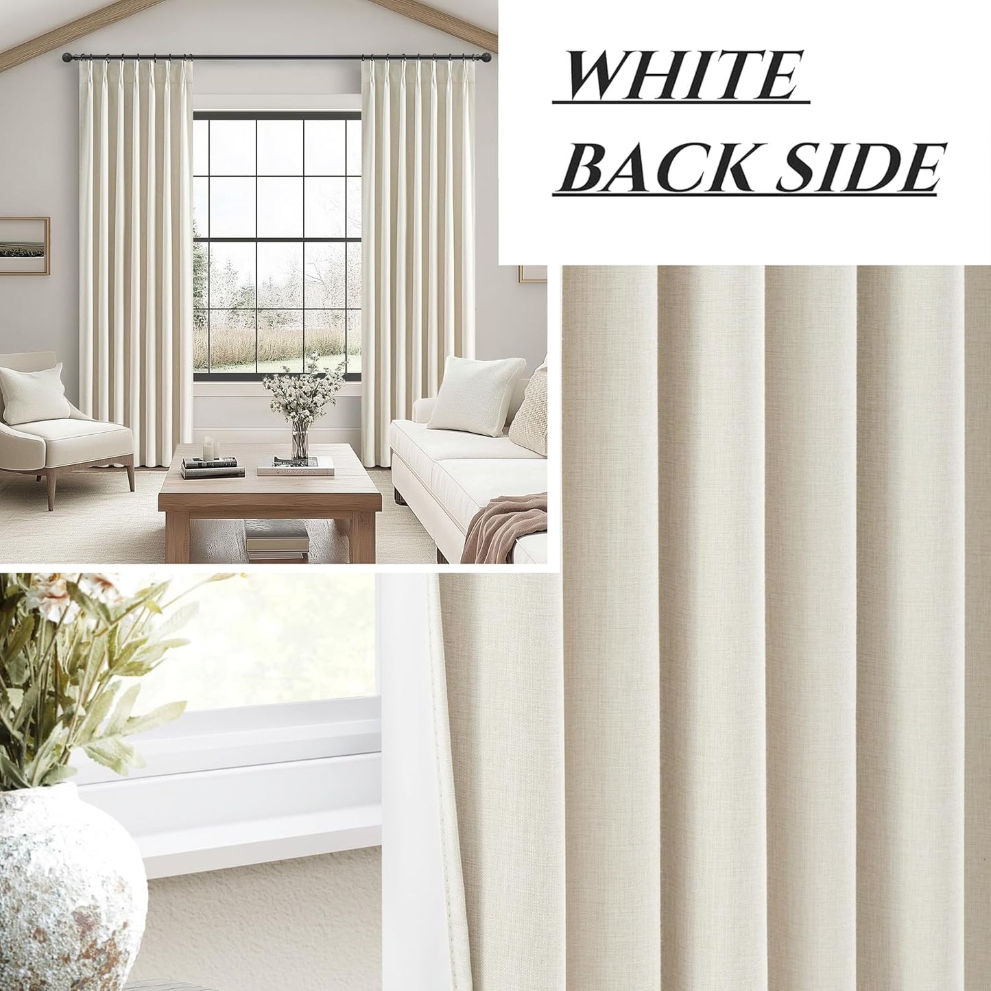 Cream Pleat Blackout Curtains 84 Inch Length 2 Panels Set for Living Room, Farmhouse Linen Blend Thermal Window Drapes Pinch Pleated Room Darkening Bedroom Light Beige 40" W x 84" L