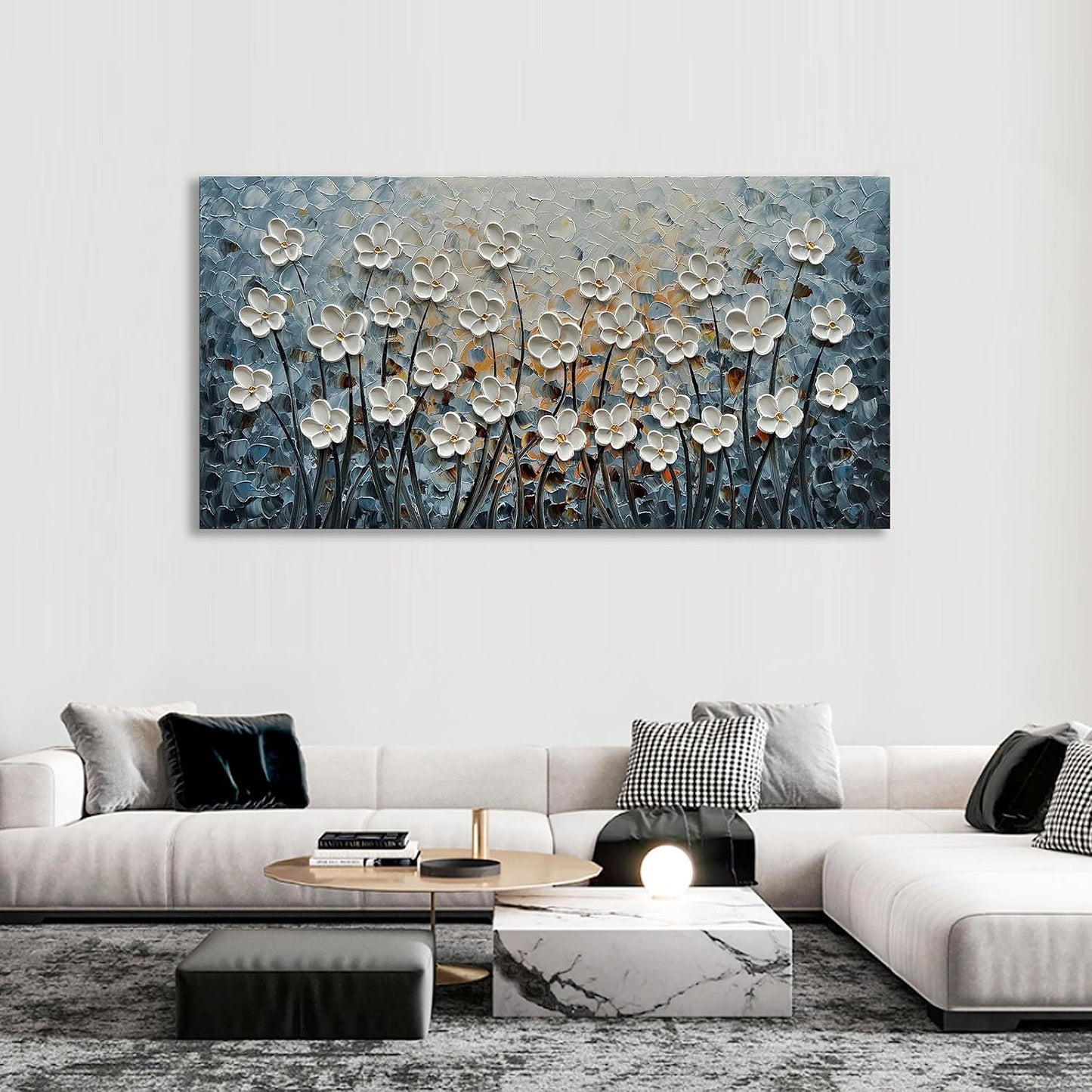 White Flower Canvas Wall Art Painting Hand-Painted Contemporary Art Works Living Room, Bedroom, Dining Room Wall Decoration 24x48 Inch