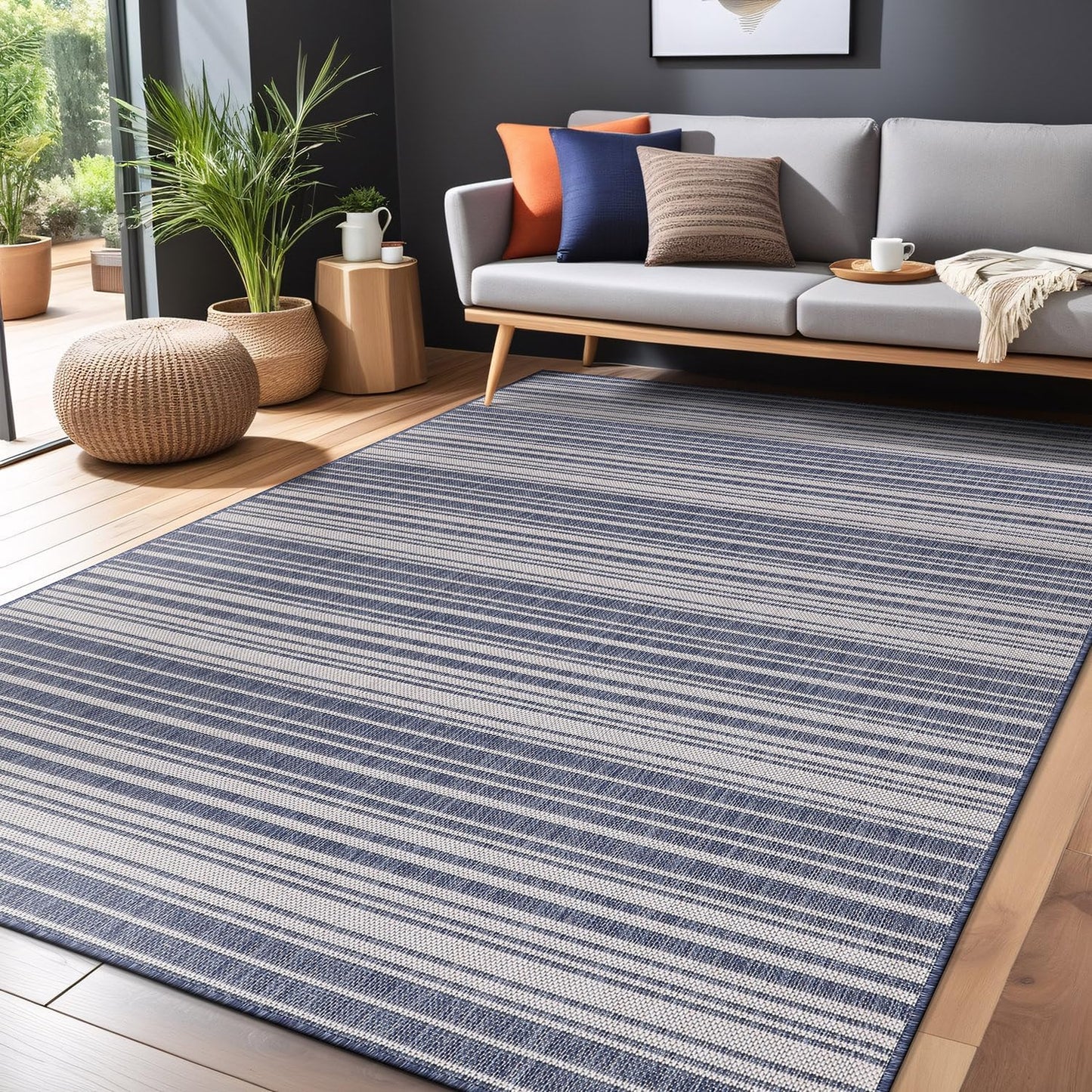 Stripe Outdoor Rug 9x12 Washable Outside Carpet for Indoor Patio Porch Waterproof Easy Cleaning Non Shedding Area Rugs Blue 9 x 12