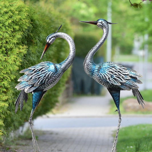 Crane Decor Statues, Blue Heron Garden Statues Metal Yard Art Outdoor Decoy, Garden Sculptures for Yard/Lawn/Pond/Outdoor Decoration, Set of 2