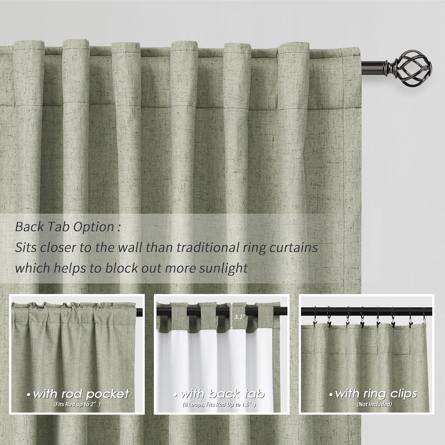 BOODII Sage Green 102 Inch Long Curtains Blackout for Bedroom Thermal Insulated Back Tab 100% Block Out Nursery Curtains 2 Panels Set Modern Aesthetic Linen Curtain Light Heat Blocking Room Darkening