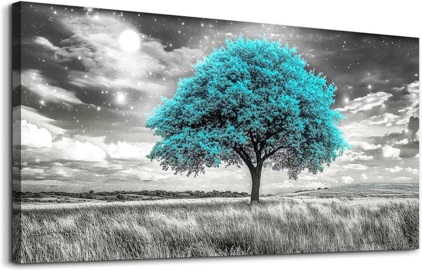KELIYUAN Modern Canvas Print Wall Art Blue Tree Painting Full Of Stars Black And White Art pictures Natural Landscape Wall Decoration Suitable For Living Room Bedroom Office Framed Stretch 20x40 In